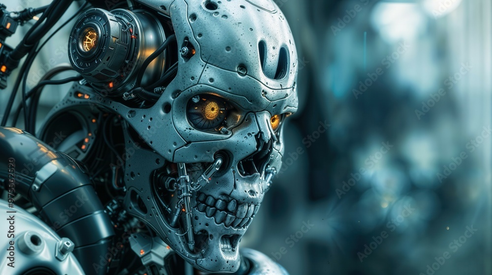 Close up of a robot that has a skull placed on its head, giving it a unique and intriguing appearance Close up of a robot that has a skull placed on its head, giving it a unique and intriguing appearance