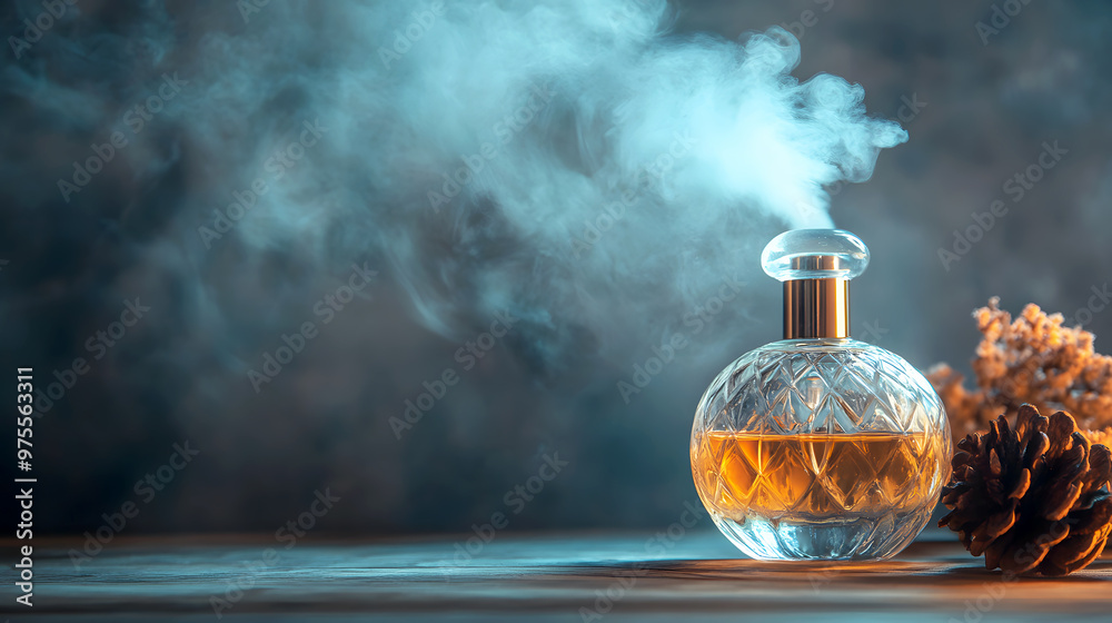 Old-fashioned perfume atomizer with a fine mist dispersing into the air, surrounded by classic décor Old-fashioned perfume atomizer with a fine mist dispersing into the air, surrounded by classic décor