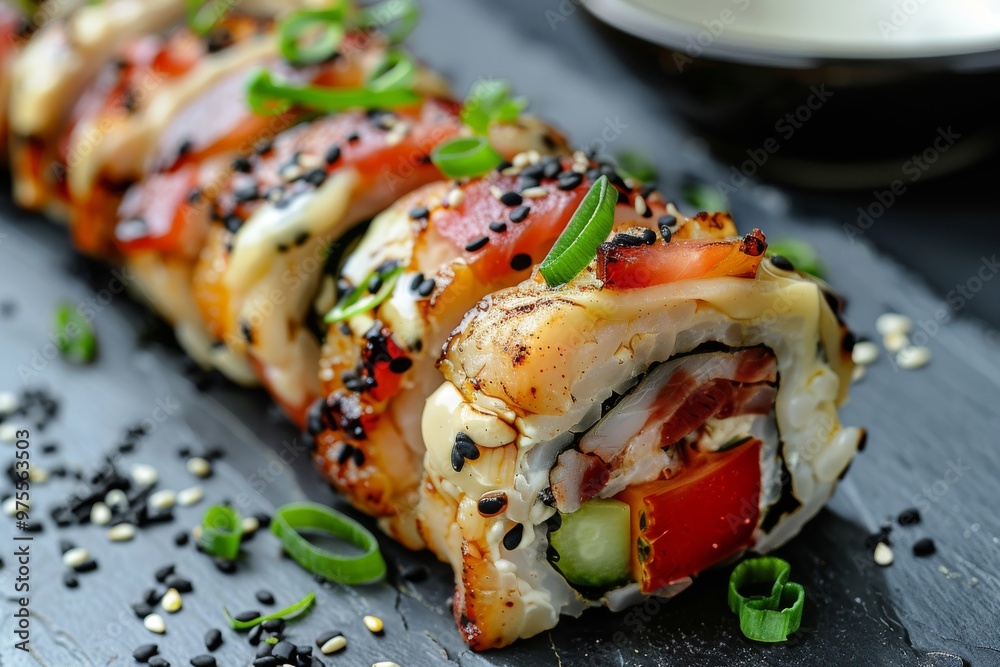 Eating vegetarian sushi rolls, veggie roll on chopsticks in hand closeup, cream cheese, chuka