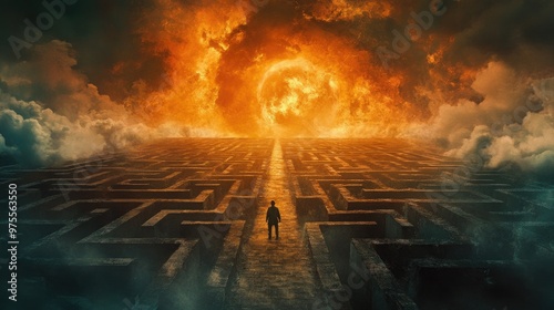 A lone figure stands at the entrance of a vast, ominous maze leading towards a fiery, celestial phenomenon.