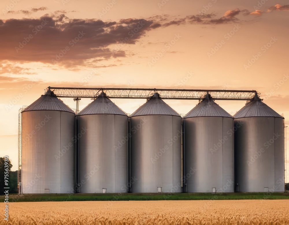 A large field of golden wheat with several silos in the background A large field of golden wheat with several silos in the background