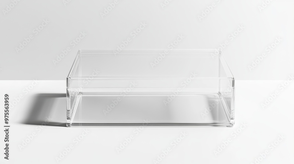 A glossy, transparent plastic box mockup with a soft shadow, set against a white background A glossy, transparent plastic box mockup with a soft shadow, set against a white background