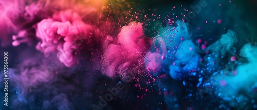 Close-Up of Neon Paint Droplets Transforming into Colorful Dust or Smoke Effect Against a Dark Background