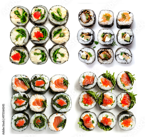 Sushi Rolls Set with Salmon, Shrimps, Cucumber and Philadelphia Cream Cheese Isolated on White