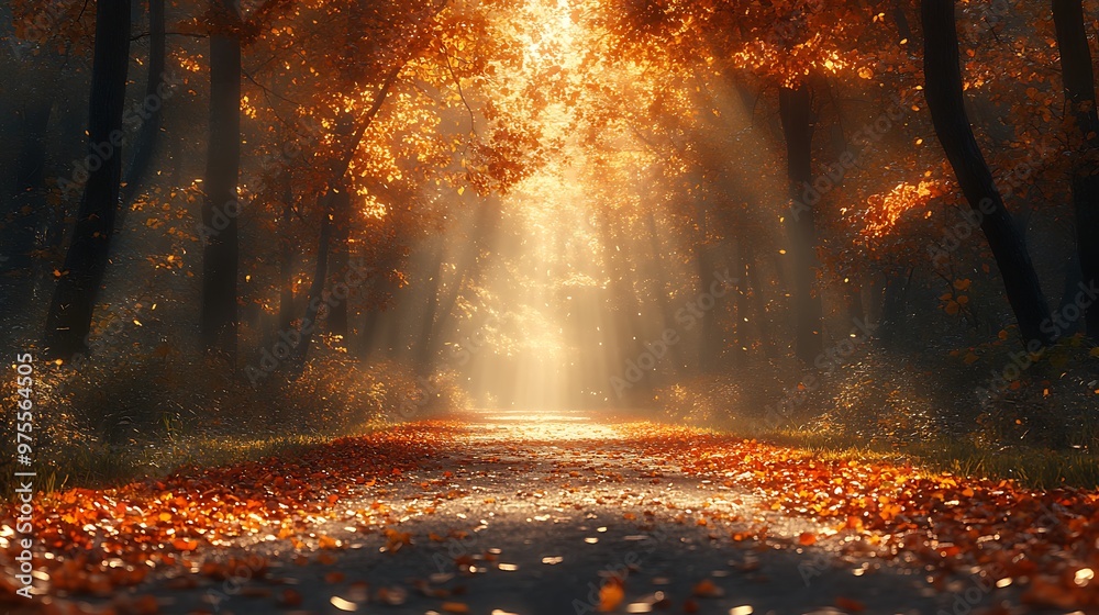 Sunbeams illuminate a path through a misty autumn forest, creating a magical and serene atmosphere. Sunbeams illuminate a path through a misty autumn forest, creating a magical and serene atmosphere.