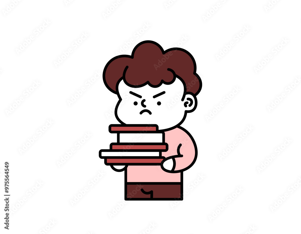 illustration of a male employee looking upset. feeling angry because he gets a lot of tasks. carrying a lot of books. workload and worker problems. cute character design outline style. elements illustration of a male employee looking upset. feeling angry because he gets a lot of tasks. carrying a lot of books. workload and worker problems. cute character design outline style. elements