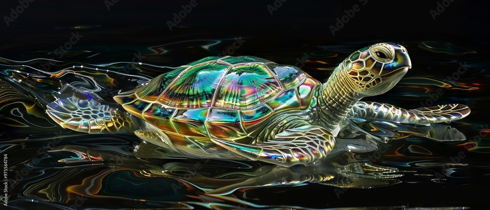 Fototapeta premium Stream of Molten Glass Forming a Turtle with Rainbow Metallic Sheen Emerging from a Dark Background