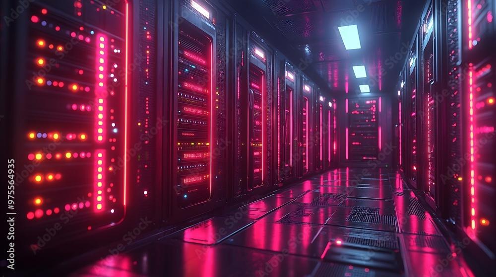 A futuristic server room with rows of glowing servers, lit with neon lights. A futuristic server room with rows of glowing servers, lit with neon lights.