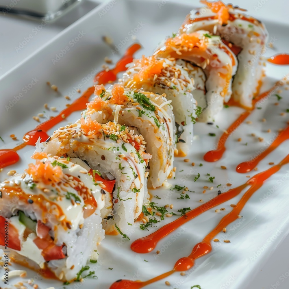 Tomato Sushi, Red Vegetable Uramaki Sushi Rolls, Fusion Maki Sushi with Rice, Cheese, Tomatoes Tomato Sushi, Red Vegetable Uramaki Sushi Rolls, Fusion Maki Sushi with Rice, Cheese, Tomatoes