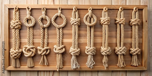 A beautifully crafted wooden display board showcases various intricate knots, expertly tied and secured, against a photo