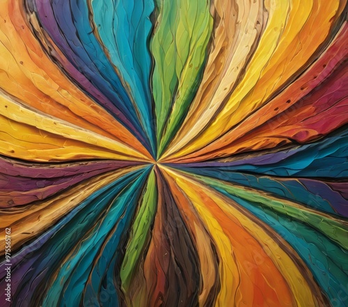 An eye-catching abstract design made of colorful leaves arranged in a radial pattern. The vibrant colors and intricate textures create a visually stimulating and artistic composition, perfect for