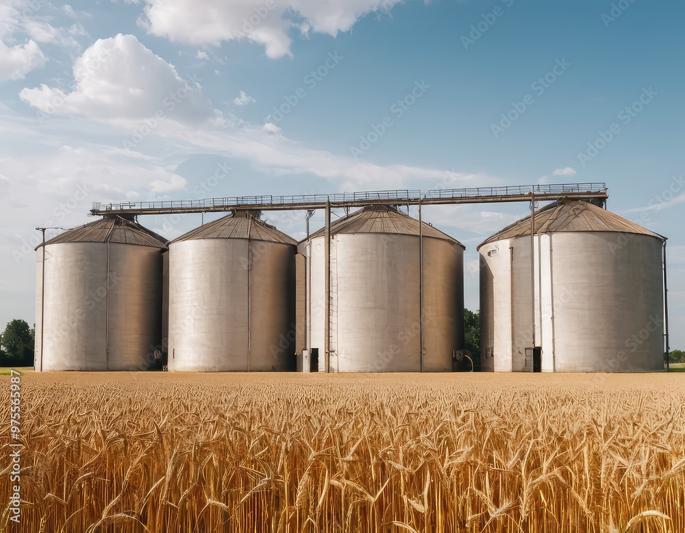 A large field of golden wheat with several silos in the background