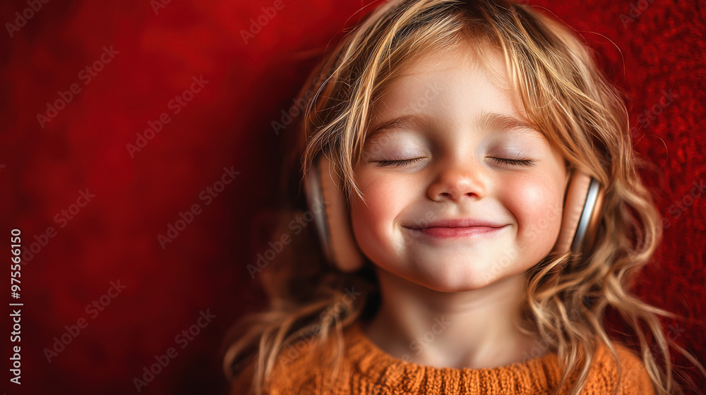 A joyful child enjoying music with large headphones while surrounded by warm Christmas decorations during the festive season A joyful child enjoying music with large headphones while surrounded by warm Christmas decorations during the festive season
