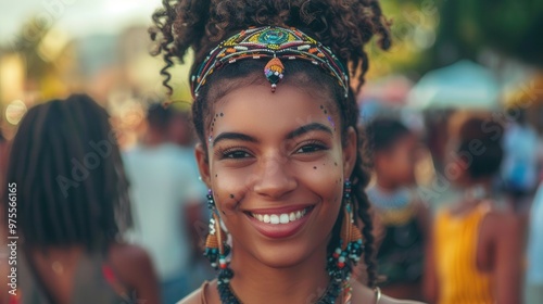 A woman with a headband and necklace smiles in front of a crowd