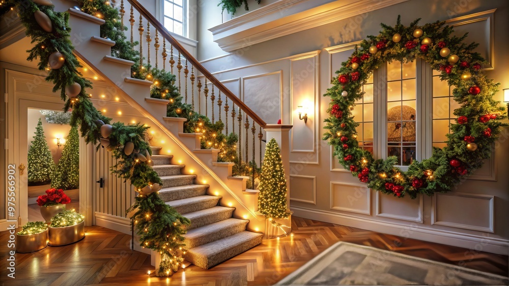 Fototapeta premium A beautifully decorated hallway welcomes the holiday season with a majestic staircase garland, festive wreaths, and