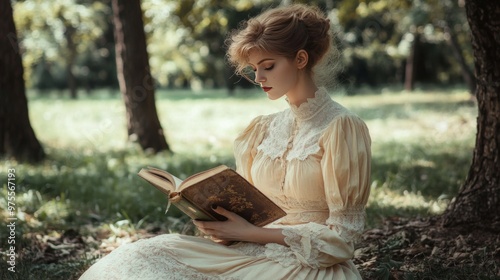 A young woman in a vintage dress sits on the grass in a forest, reading a book.