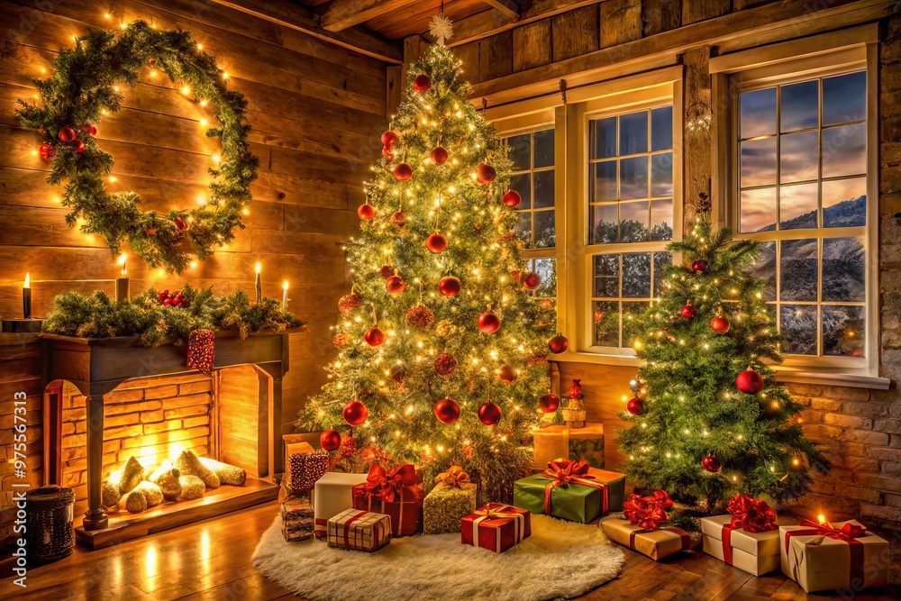 A beautifully lit and decorated Christmas tree stands tall, surrounded by festive ornaments, garlands, and gifts, with A beautifully lit and decorated Christmas tree stands tall, surrounded by festive ornaments, garlands, and gifts, with