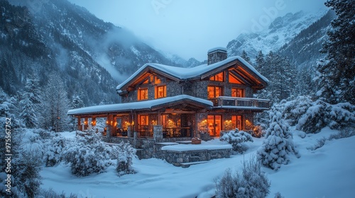 Wallpaper Mural Winter Wonderland Retreat: Cozy Mountain Lodge with Snow-Covered Exterior and Warm Interior View. Perfect Holiday Destination Concept with Copy Space. Torontodigital.ca