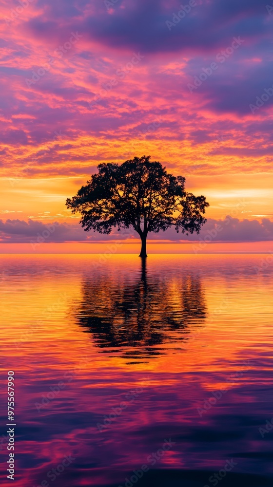 Lone tree reflected on calm water at vibrant sunset Lone tree reflected on calm water at vibrant sunset
