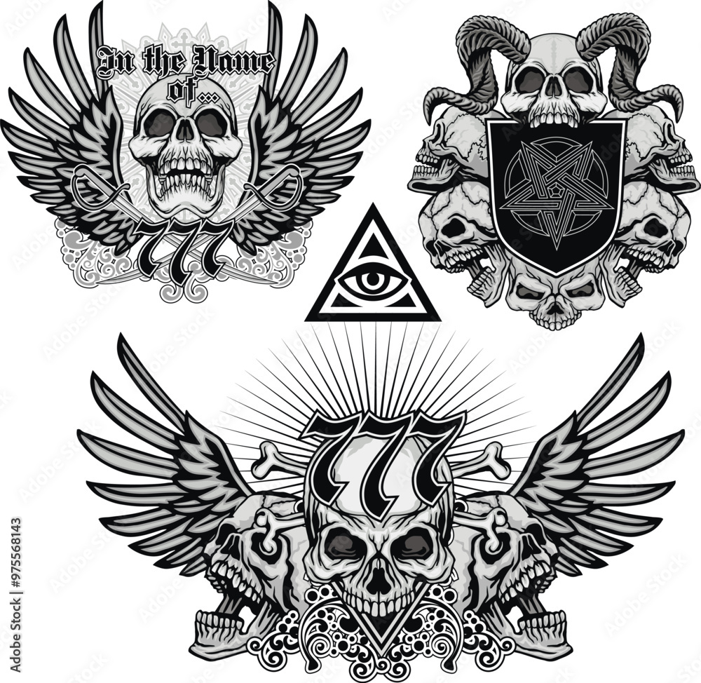 Fototapeta premium set, gothic sign with skull, grunge vintage design t shirts