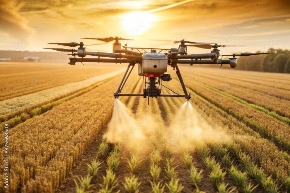 Fototapeta premium Drone Over Field and Greenhouse: Advanced Agricultural Technology at Sunset