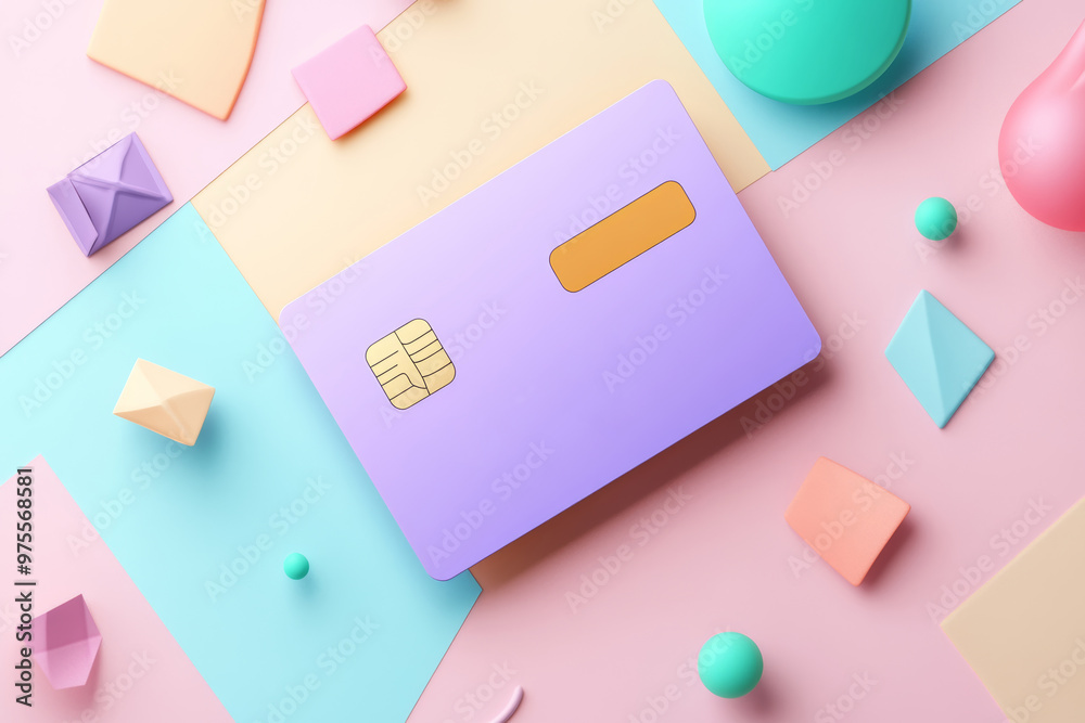 Colorful geometric shapes surround a purple credit card on a pastel background in a creative workspace Colorful geometric shapes surround a purple credit card on a pastel background in a creative workspace