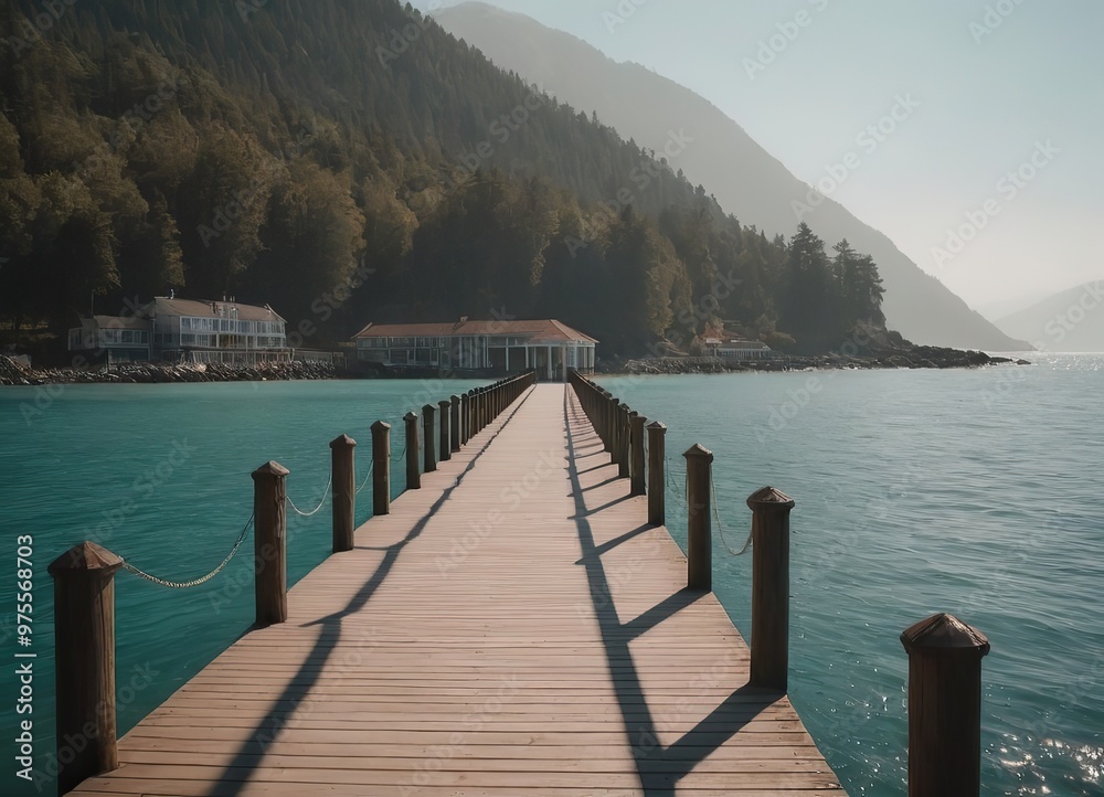 Fototapeta premium Wooden pier into a lake with mountains in the background