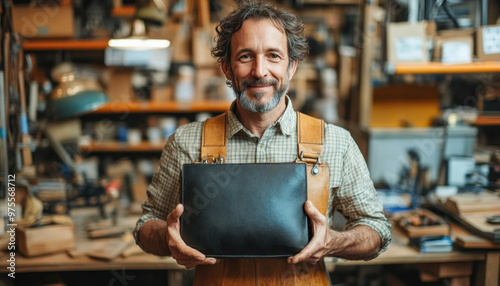 Smiling shoemaker holding leather handmade product in workshop