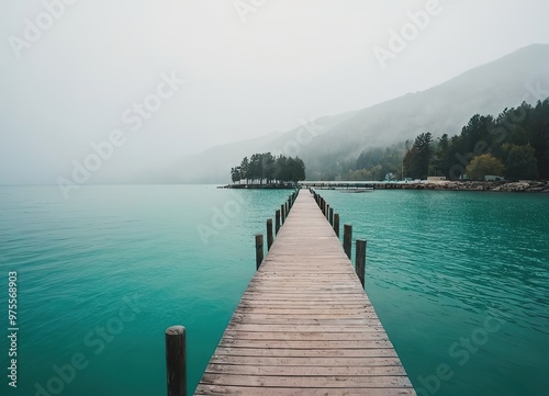 Wooden pier into a lake with mountains in the background