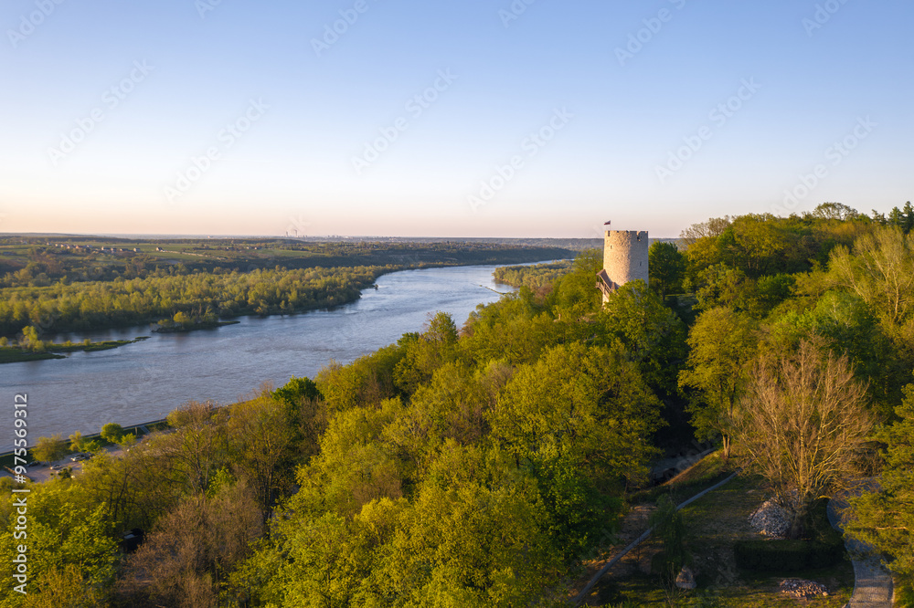 Summer skyline cityscape of Kazimierz Dolny, Lesser Poland (Małopolska). Wide panoramic view of Wisla river