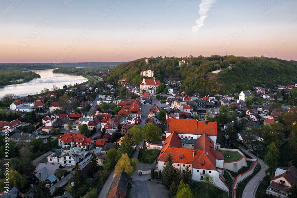 Summer aerial skyline cityscape of Kazimierz Dolny, Lesser Poland (Małopolska). Wide panoramic view of the old town at sunset
