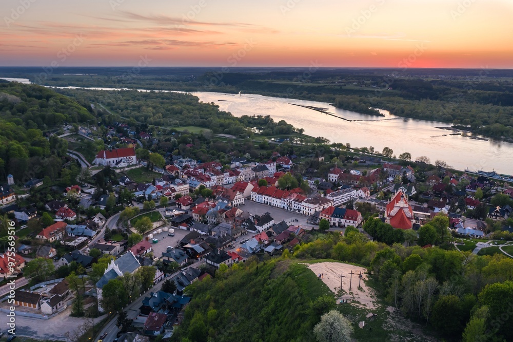 Summer aerial skyline cityscape of Kazimierz Dolny, Lesser Poland (Małopolska). Wide panoramic view at sunset