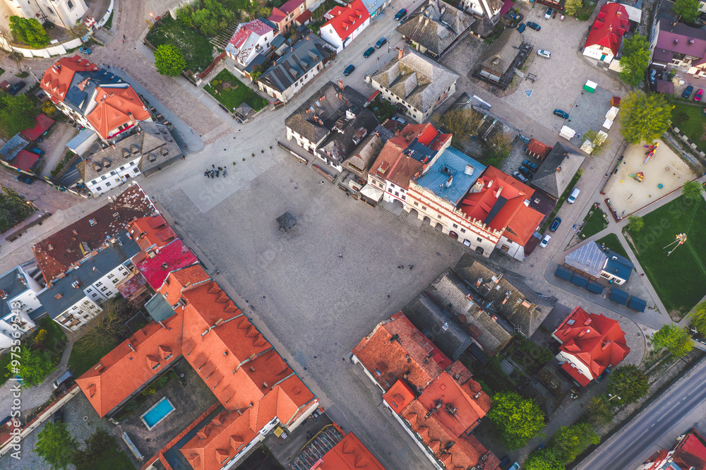 Aerial view of Kazimierz Dolny, Lesser Poland (Małopolska). Directly above the Old town market square.