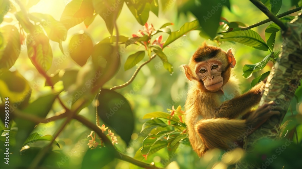 Fototapeta premium A playful monkey sitting among the green leaves in sunlight. Nature brings joy and curious sights. A moment of wonder in the wild.