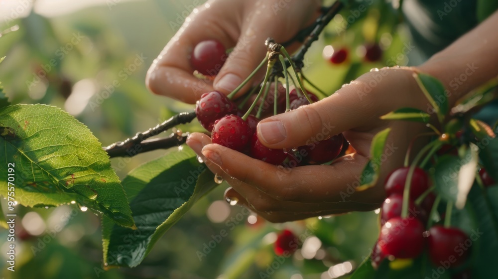 Hands Picking Fresh Cherries from a Tree in Bright Sunshine