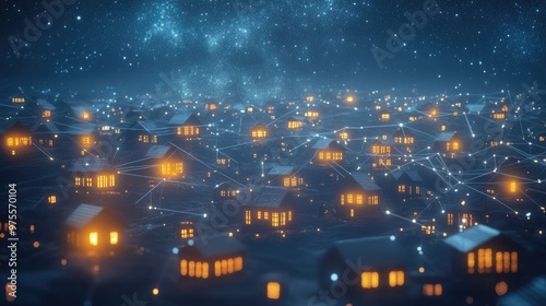 A network of glowing houses connected by lines of light under a starry sky.