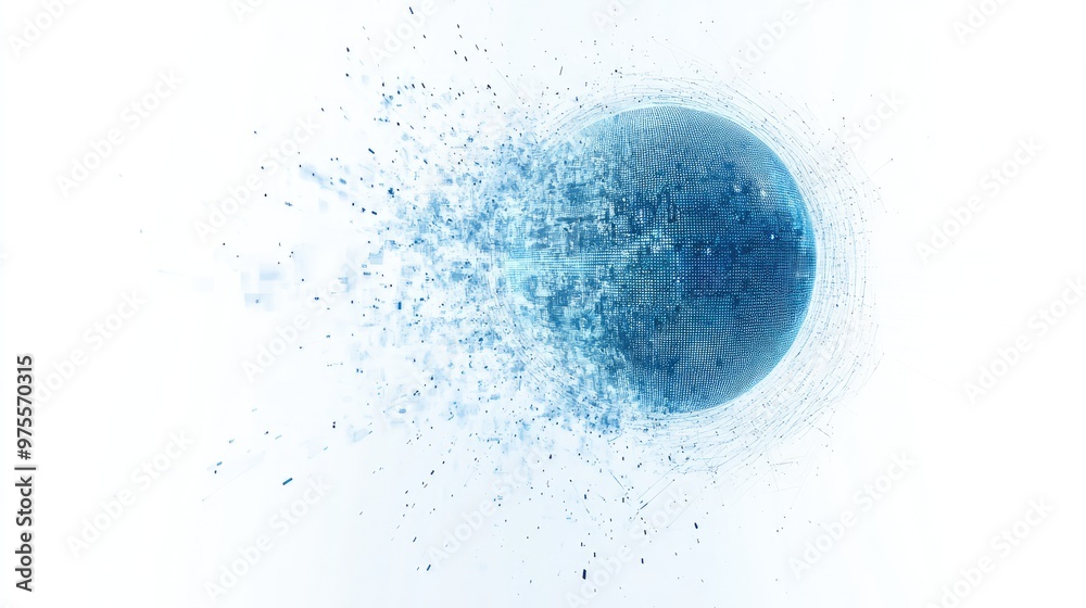 A futuristic, abstract blue dot with digital-like effects, symbolizing the forward march of democracy toward a better future for humanity, on a pure white backdrop A futuristic, abstract blue dot with digital-like effects, symbolizing the forward march of democracy toward a better future for humanity, on a pure white backdrop