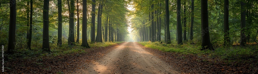 Fototapeta premium A serene forest path illuminated by sunlight, surrounded by tall trees and lush greenery, inviting exploration and reflection.
