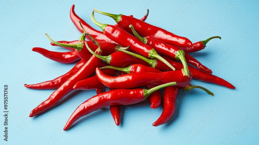 Fresh red chili peppers on blue background for vibrant culinary concepts Fresh red chili peppers on blue background for vibrant culinary concepts