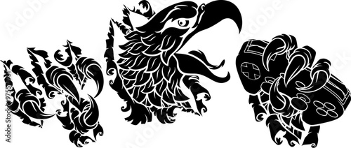 A bald eagle or hawk ripping or tearing through the background with a video game controller in its claws. Gamer e sports cartoon mascot