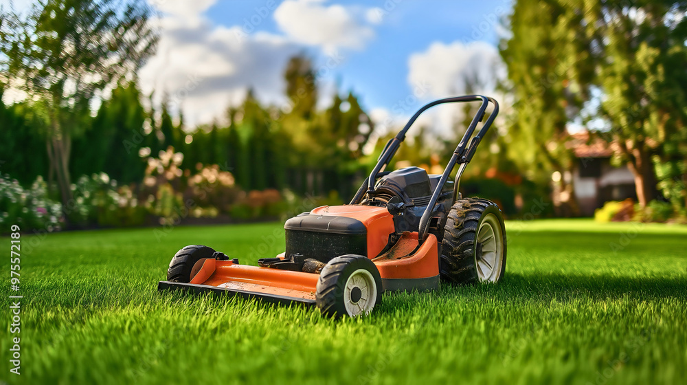 Lawn mower in a green backyard, cutting the grass during a sunny summer day, gardening tools and outdoor maintenance equipment for a well-kept landscape of grass in garden Lawn mower in a green backyard, cutting the grass during a sunny summer day, gardening tools and outdoor maintenance equipment for a well-kept landscape of grass in garden