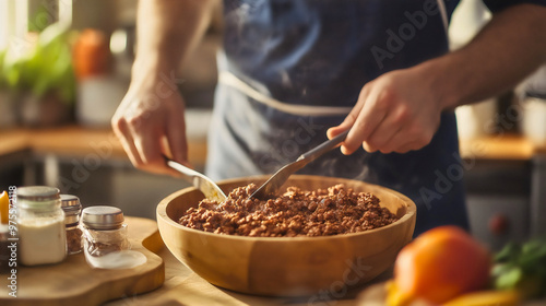 Man or chef cooking ground beef in a wooden bowl, preparing a delicious meal in the kitchen with fresh ingredients for a gourmet dinner, closeup of culinary work with vegetables and spices, food prep