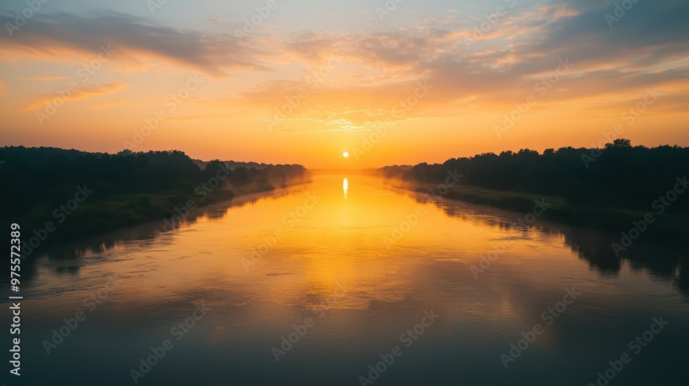 Obraz premium A serene sunset over a calm river, reflecting vibrant orange and yellow hues, bordered by lush greenery.