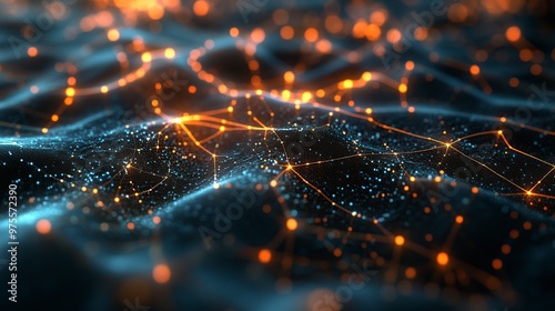 A digital representation of interconnected nodes and waves, symbolizing data flow and connectivity.