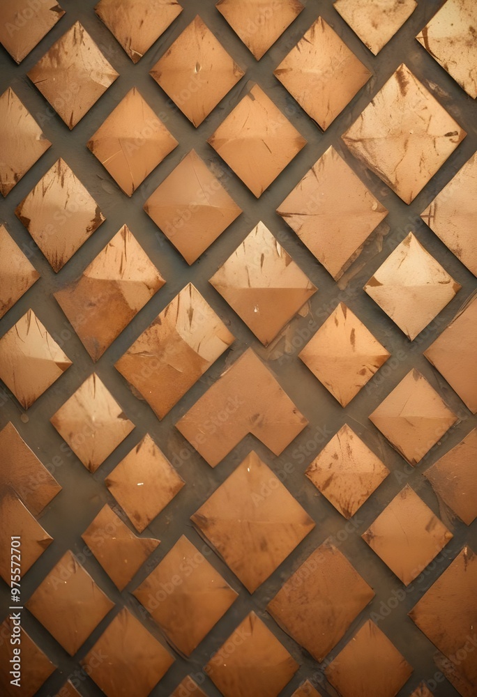 Fototapeta premium A macro shot of a squared pattern copper texture, revealing the metallic sheen and rich, warm tones of copper, with visible scratches and dimples that add character., close-up shot, short distance, pa