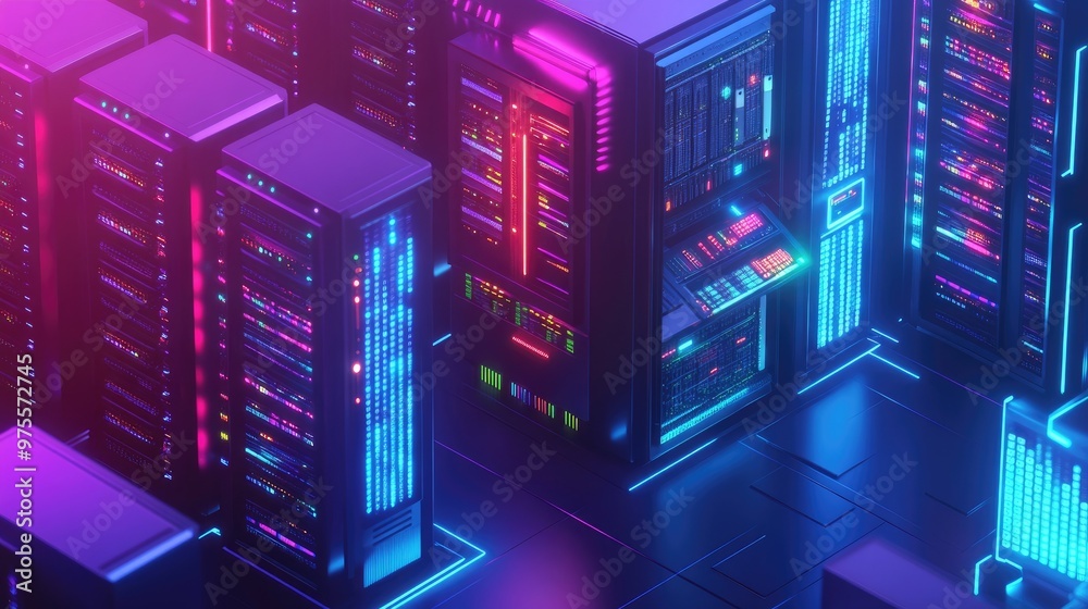 Neon glowing server racks in a data center. Neon glowing server racks in a data center.
