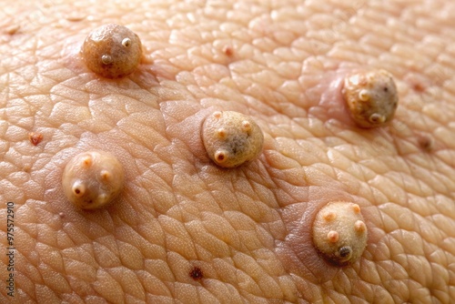 A close-up image of multiple skin tags, benign growths on human skin, appearing as small, soft, flesh-colored or photo