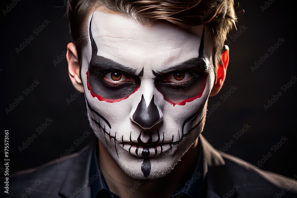 A close-up of a male face with simple yet spooky Halloween-inspired face paint, featuring a white and black A close-up of a male face with simple yet spooky Halloween-inspired face paint, featuring a white and black