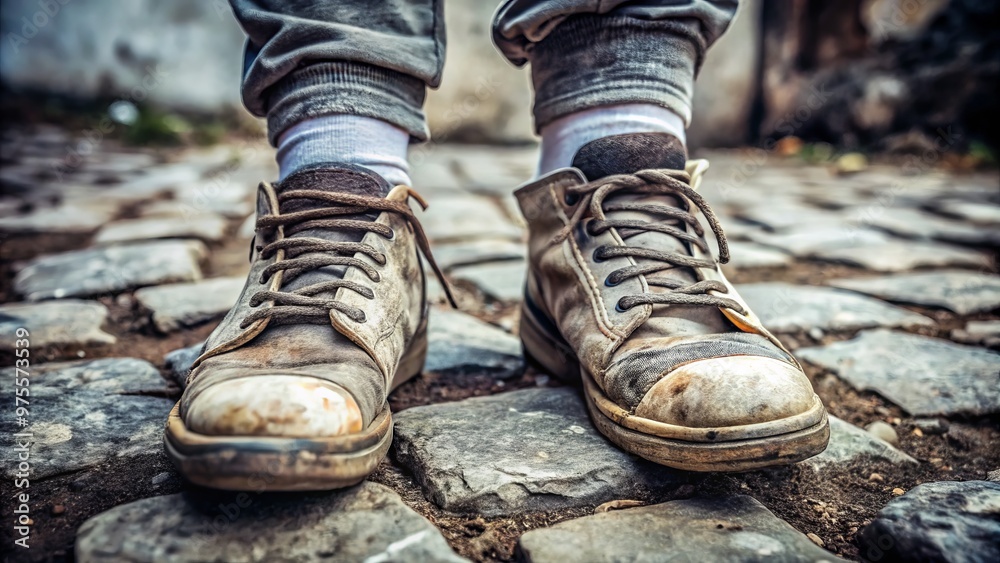 A close-up shot of a person's feet in a pair of worn-out sneakers, with dirty socks and cracked A close-up shot of a person's feet in a pair of worn-out sneakers, with dirty socks and cracked