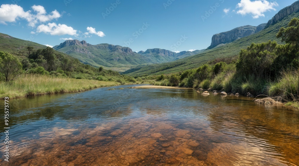 A river in a valley with mountains in the background A river in a valley with mountains in the background